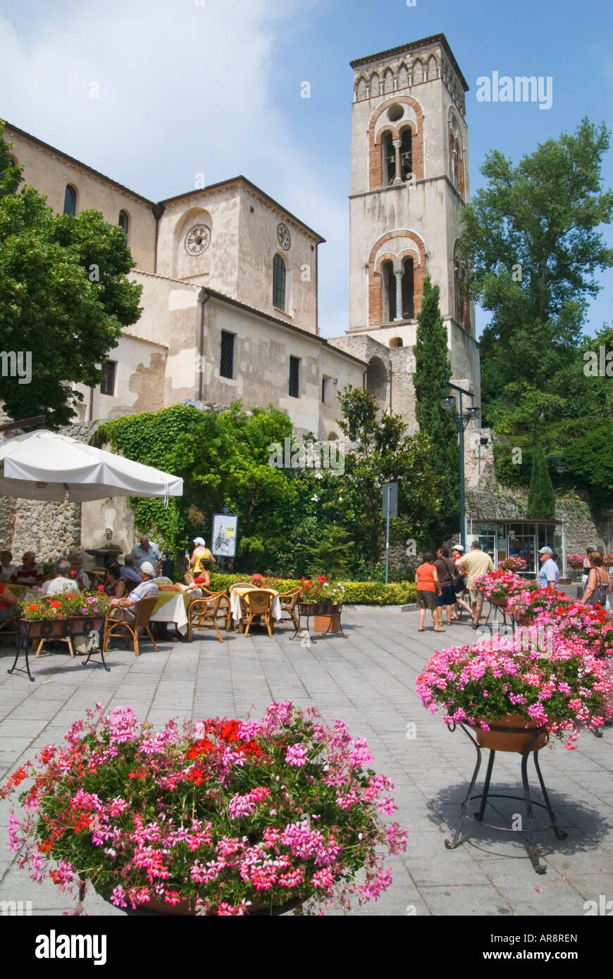Piazza Duomo and Cathedral of St. Pantaleone bell tower in Ravello, Italy Stock Photo