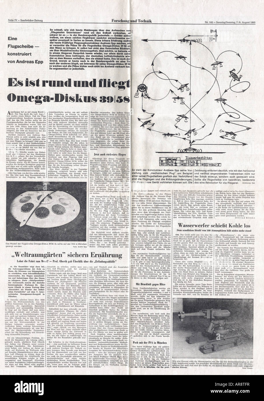 Epp, Joseph Andreas, 1914 - 1997, German Inventor, newspaper report about his flying saucer 'Omega Diskus 39/58', Saarbrücker Zeitung, No. 182, 7.8.1965 / 8.8.1965, Stock Photo
