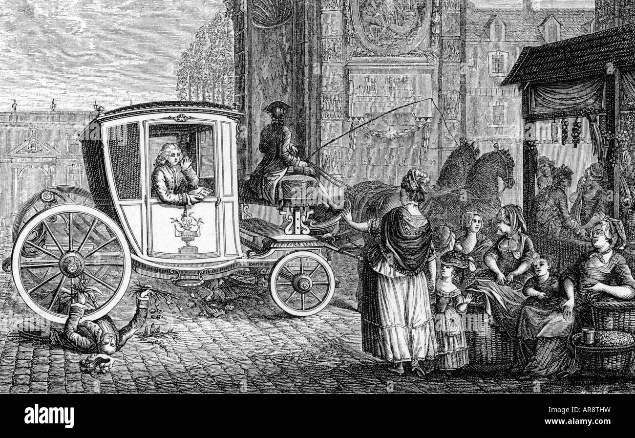 transport/transportation, carriage, accident, coach is overrunning a man, copper engraving, 18th century, traffic, overrun, tragedy, France, nobility, historic, historical, people, men, male, Stock Photo