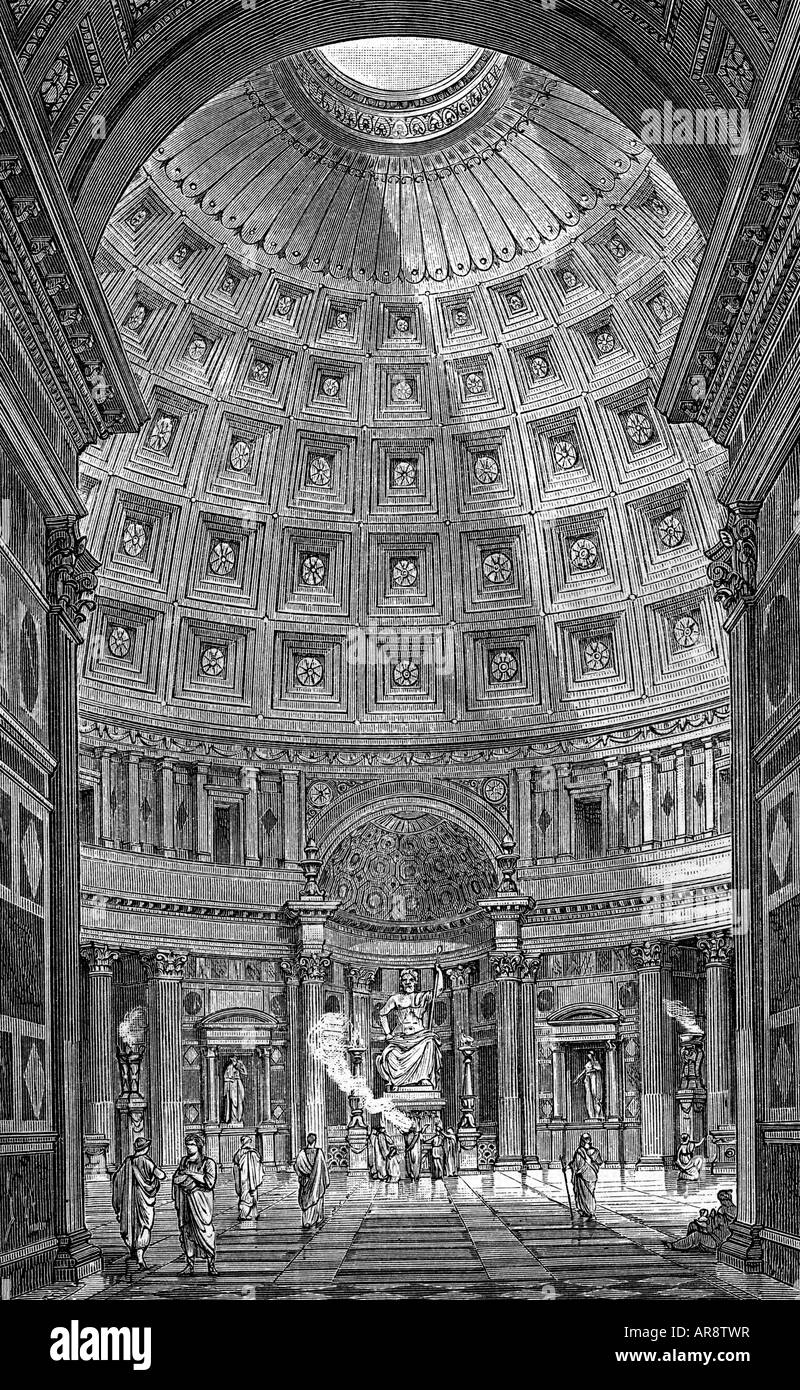 geography/travel, Italy, Rome, Pantheon, built between 118 - 125 AD by Emperor Hadrianus, interior view, engraving after drawing by G. Rehleder, 19th century, architecture, room, dome, ancient world, Roman Empire, religion, light, Hadrian, 2nd century, historic, historical, ancient world, people, Stock Photo