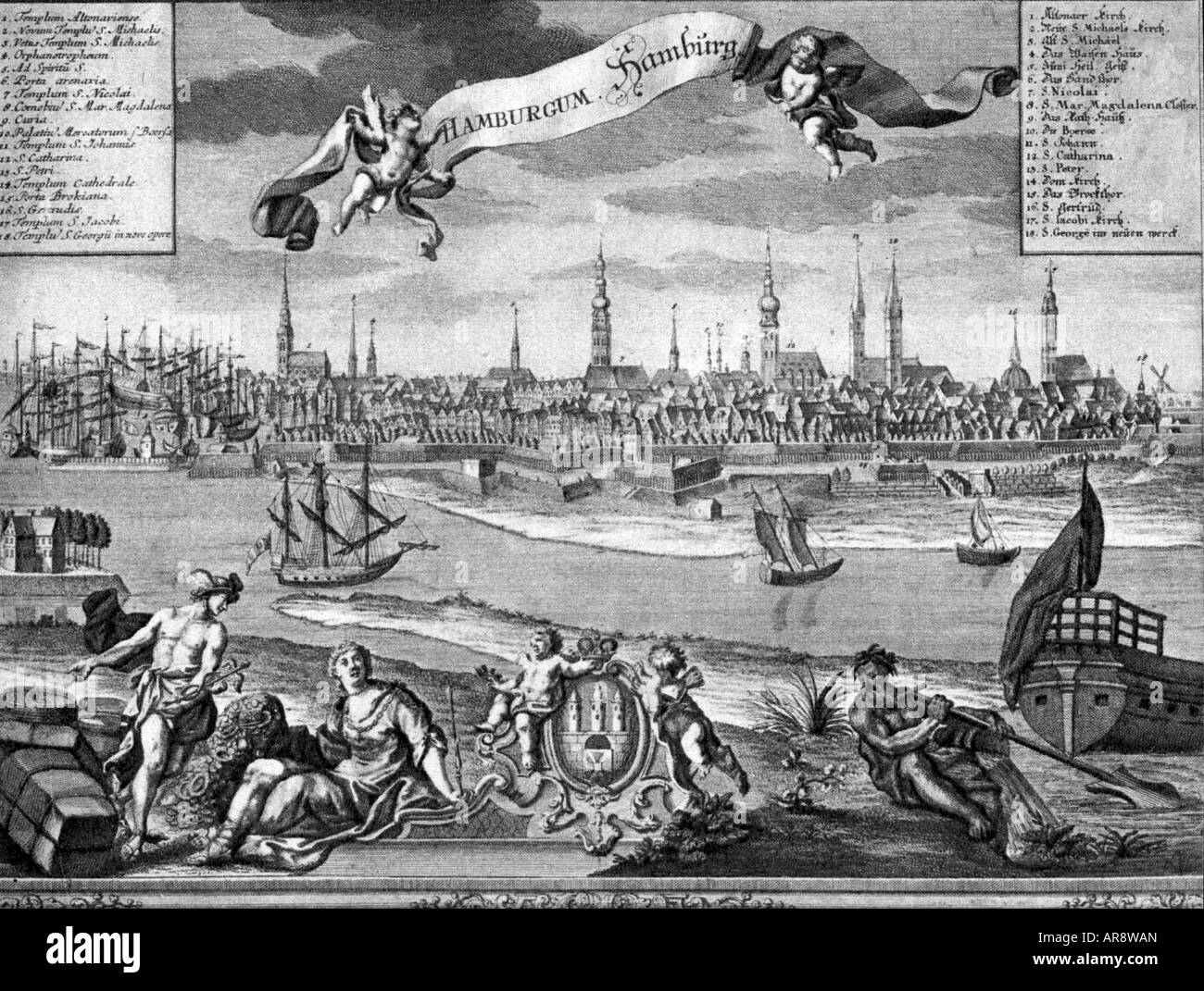 geography/travel, Germany, Hamburg, view, after copper engraving by Chr. Lotter, early 18th century, river Elbe, historic, historical, people, Stock Photo