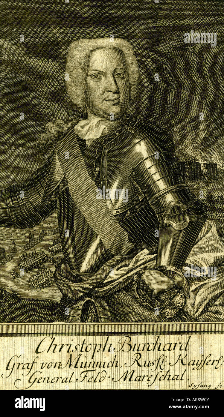 Munnich, Burkhard Christoph, count of, 19.5.1683 - 16.10.1767, German - Russian marshal, half length, engraving by Johann Christoph Sysang, 18th century, Artist's Copyright has not to be cleared Stock Photo