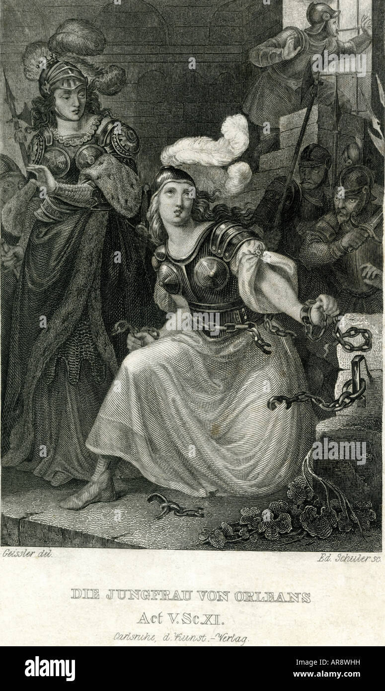Schiller, Friedrich, 10.11.1759 - 9.5.1805, German author / writer, works, 'The Maid of Orleans', 1801, 5th act, 11th scene, Joan breaking her chains, steel engraving by Eduard Schuler, Karlsruhe, Germany, 19th century, Artist's Copyright has not to be cleared Stock Photo
