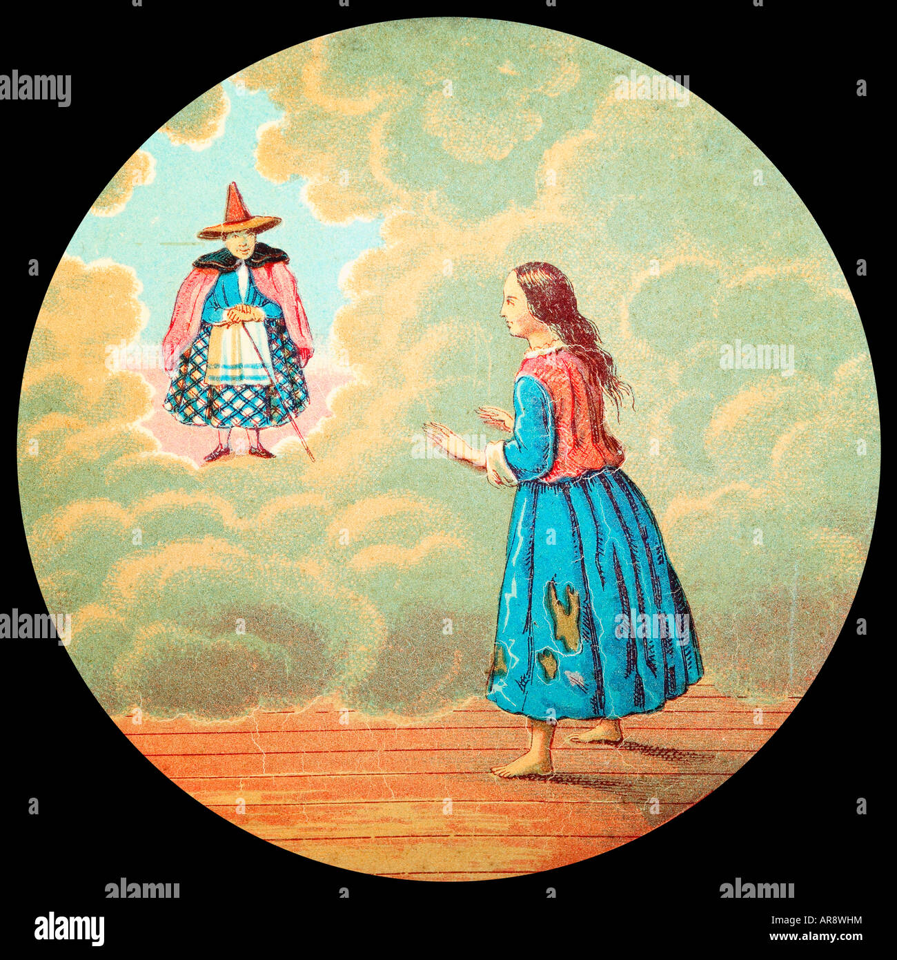 Old Glass Lantern Slide of Story of Cinderella. Fairy Godmother appears.. Stock Photo