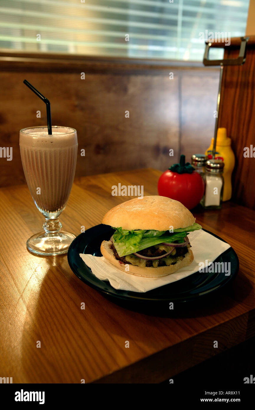 Beef burger and chocolate milkshake Stock Photo