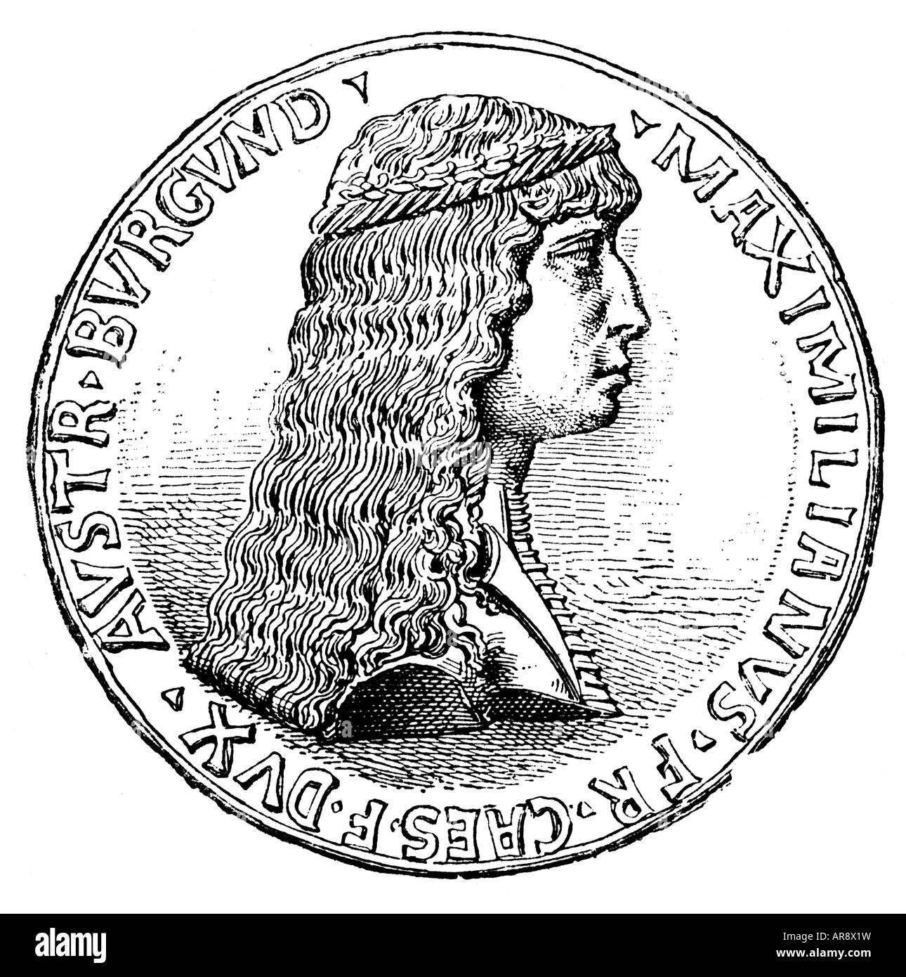 Maximilian I, 22.3.1459 - 12.1.1519, Holy Roman Emperor 10.2.1508 - 12.1.1519, portrait, side face, coin, circa 1480, engraving, 19th century, , Stock Photo