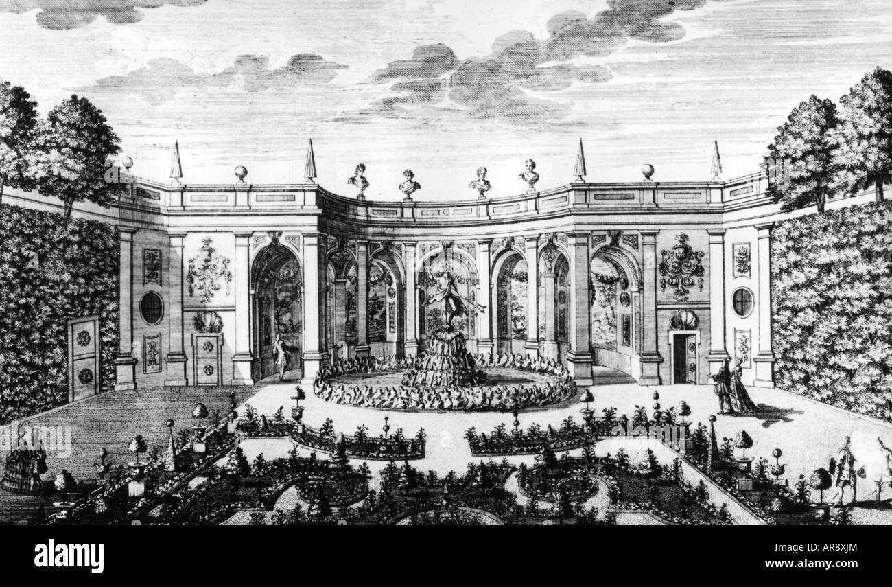 geography/travel, Germany, Munich, Residenz, grotto fountain, view, copper engraving, 1718, Stock Photo