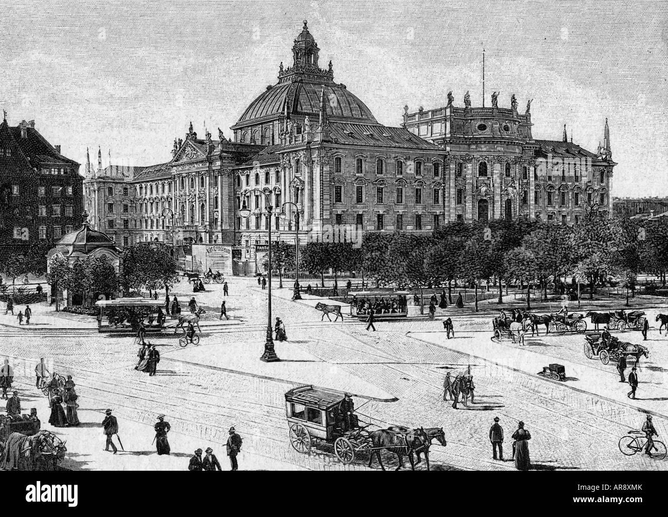 geography/travel, Germany, Munich, Justizpalast, built 1890 - 1897, architect: Friedrich von Thiersch, exterior view, wood engraving, 1897, Palace of Justice, justice office, architecture, neo-baroque, neo baroque, traffic, Prielmayerstraße, Karlsplatz, Stachus, Bavaria, Europe, 19th century, historic, historical, people, Stock Photo