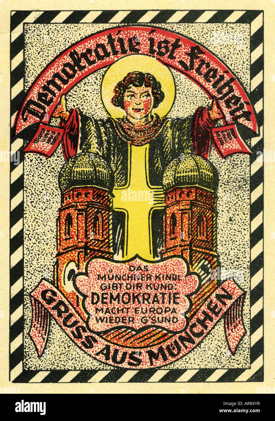 geography / travel, Germany, Munich, Münchner Kindl, postcard, 'Democracy means freedom',  late 1940s, , Stock Photo
