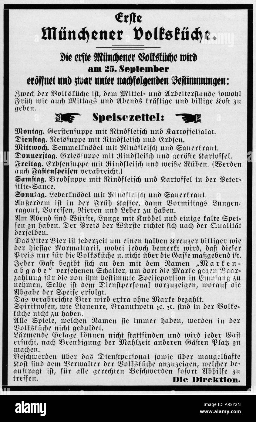 Spitzeder, Adele, 9.11.1832 - 27.10.1895, German actress and speculator, opening of her public kitchen, notice, 'Das Bayerische Vaterland', 9.11.1872, , Stock Photo