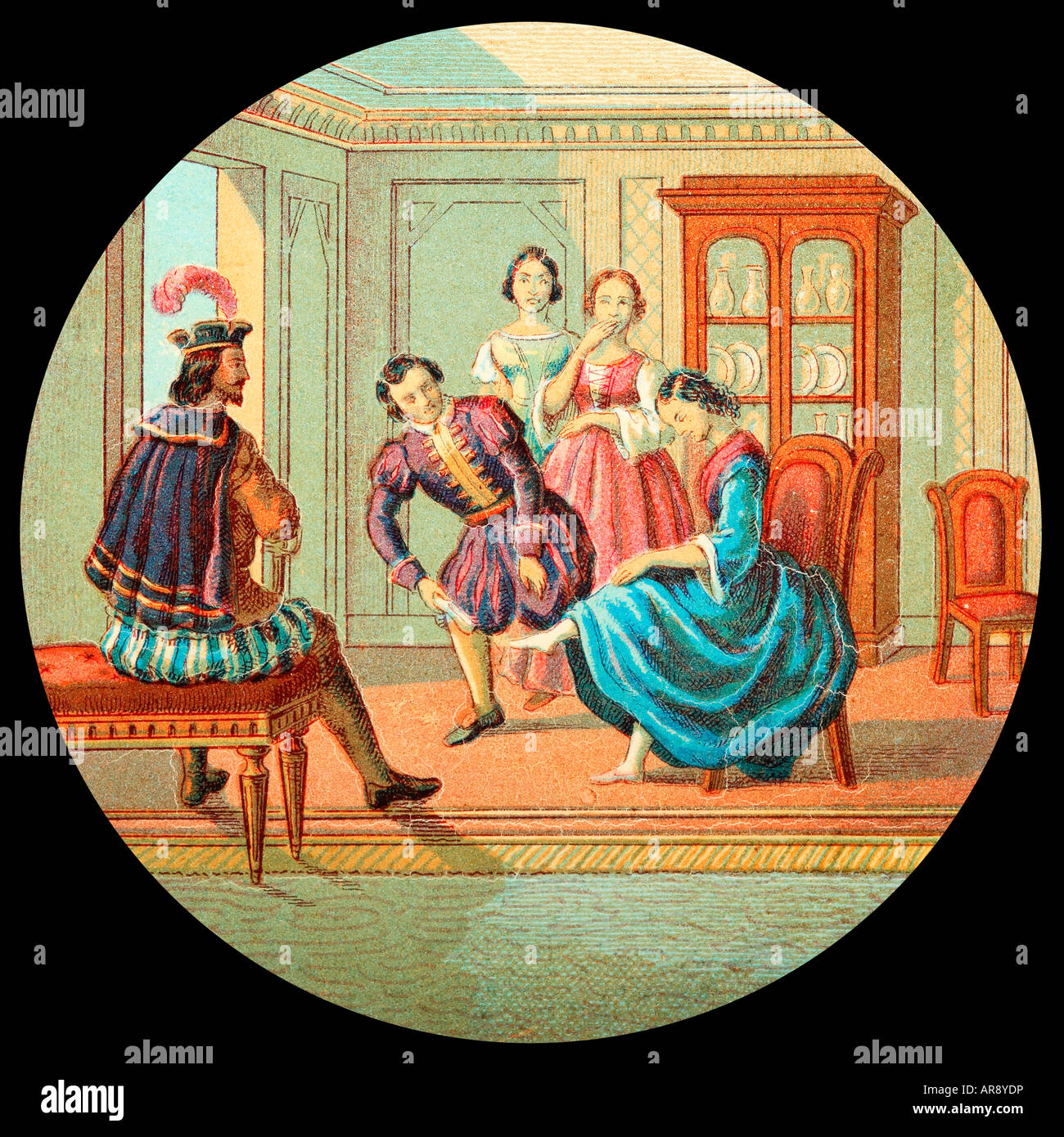Old Glass Lantern Slide of Story of Cinderella. Trying on Glass Slipper. Stock Photo