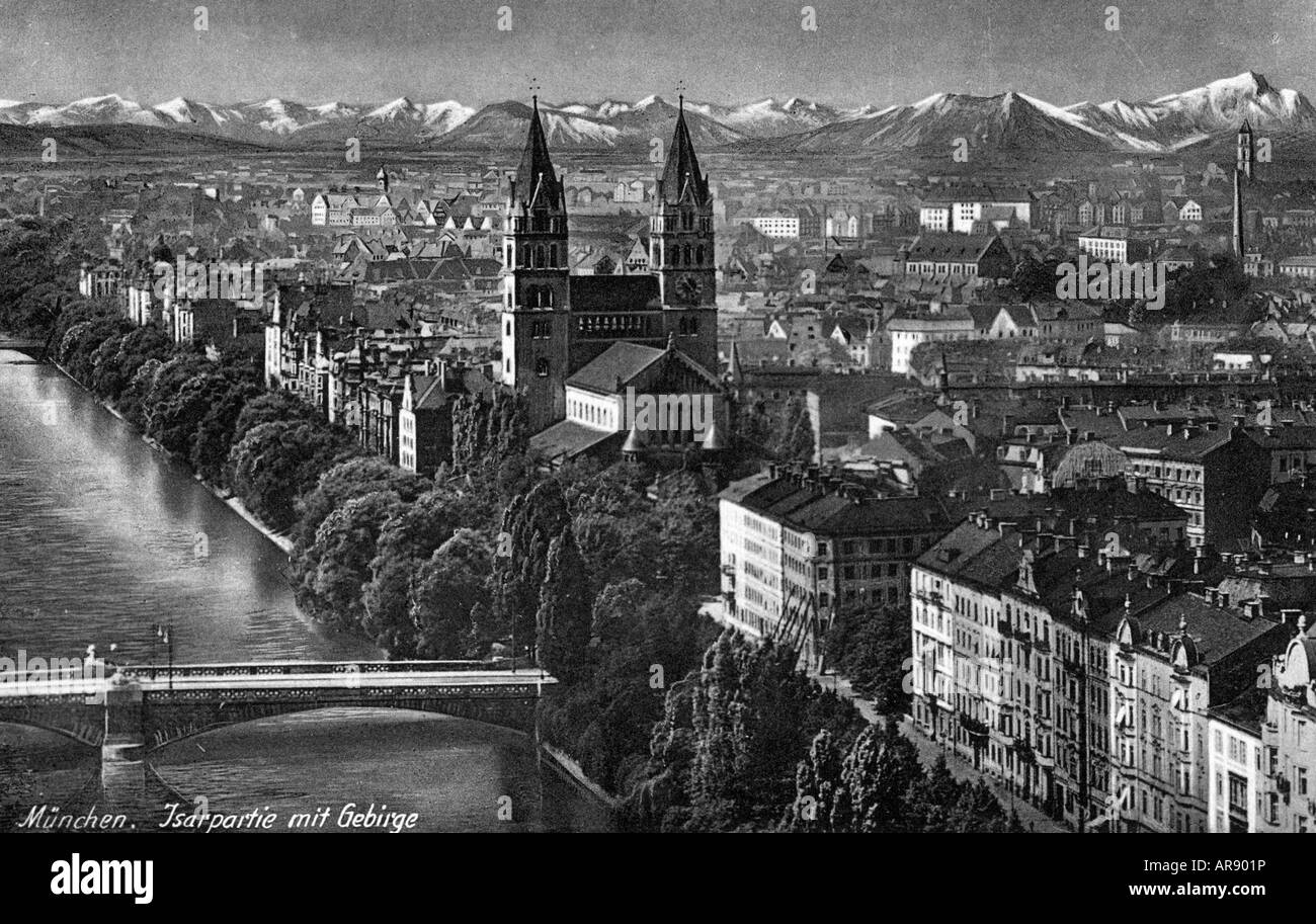 geography/travel, Germany, Munich, overview, view over Isar and Saint Maxim church towards the mountians, postcard, circa 1920s, , Stock Photo