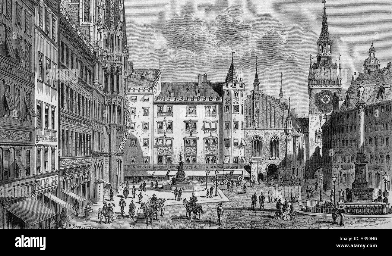 geography / travel, Germany, Munich, Marienplatz, view, wood engraving ...