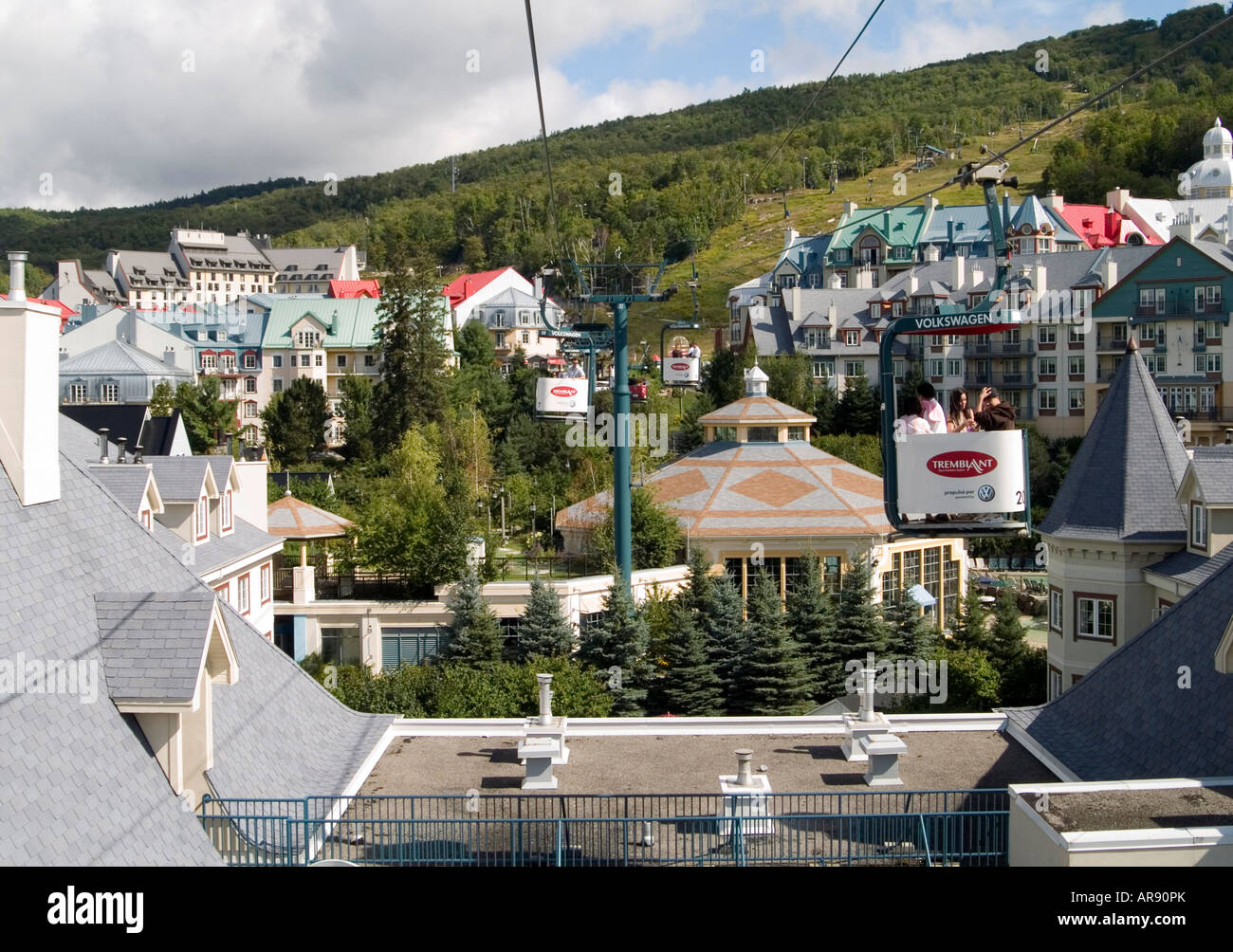 Looking out from a cable car in the village of Mont Tremblant in the Laurentian Mountains, Quebec Canada Stock Photo