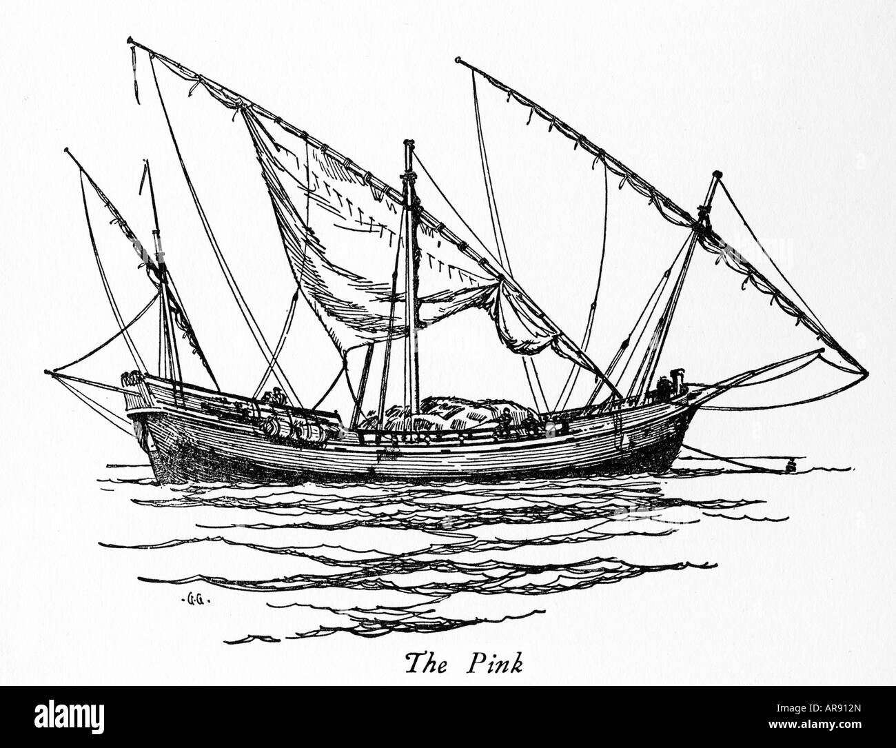 Pink Merchantman drawing of the Mediterranean sailing vessel a small, flat-bottomed ship with a narrow stern, fast and flexible in shallow waters Stock Photo