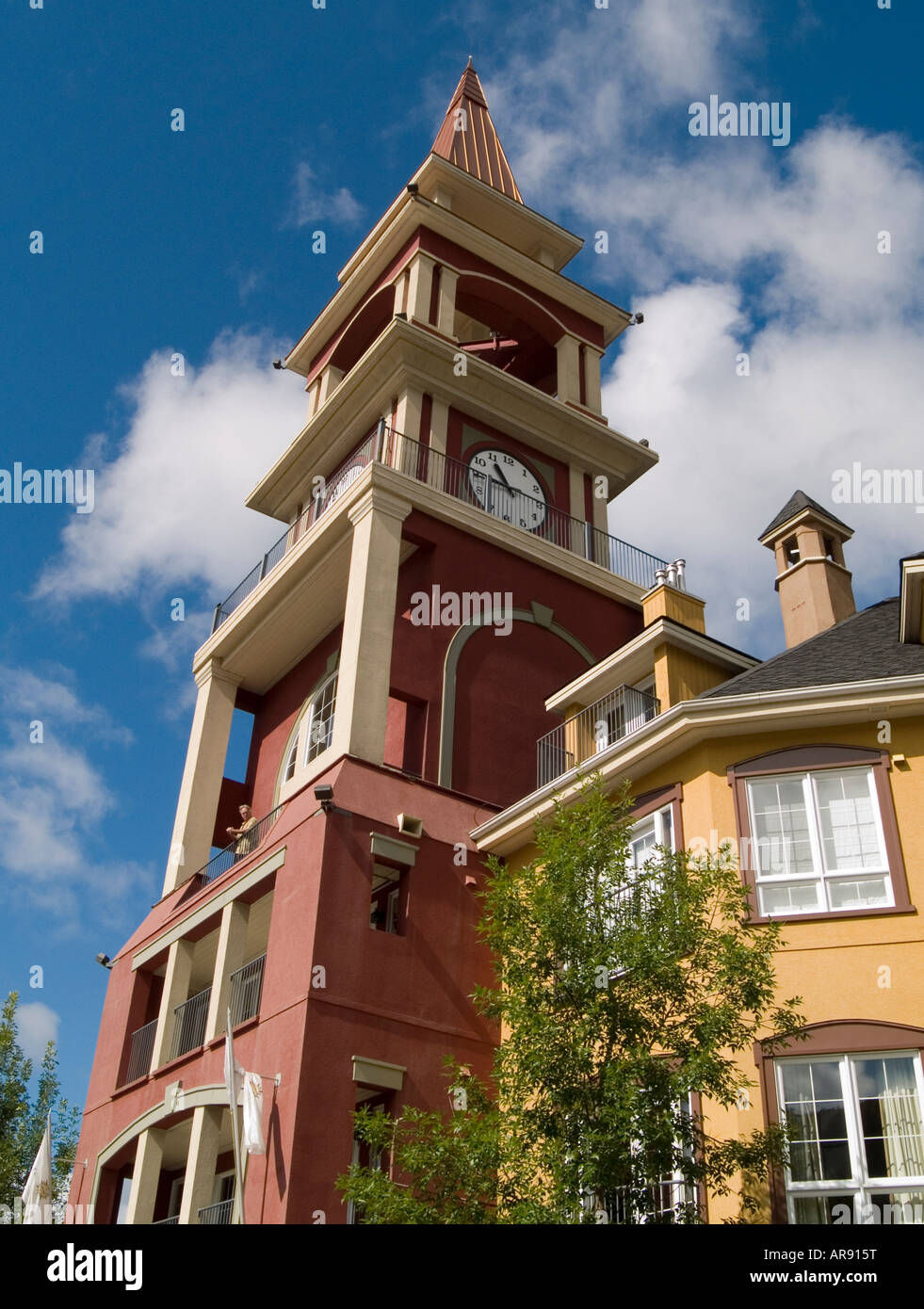 A clocktower in the pretty village of Mont Tremblant in the Laurentian Mountains, Quebec Canada Stock Photo