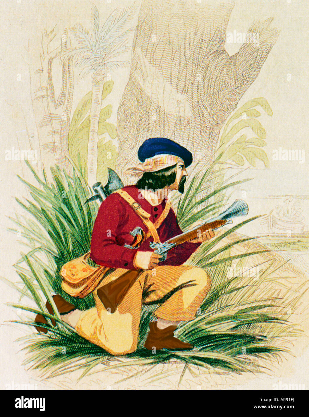 Buccaneer in Ambush 17th century illustration of a buccaneer armed with blunderbuss and boarding axe Stock Photo