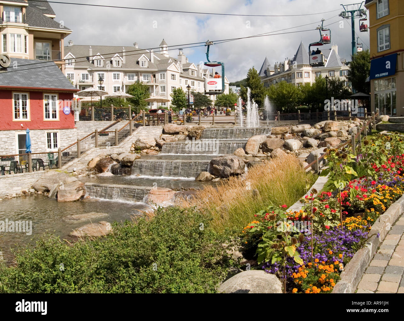 A sunny day in the pretty village of Mont Tremblant in the Laurentian Mountains, Quebec Canada Stock Photo