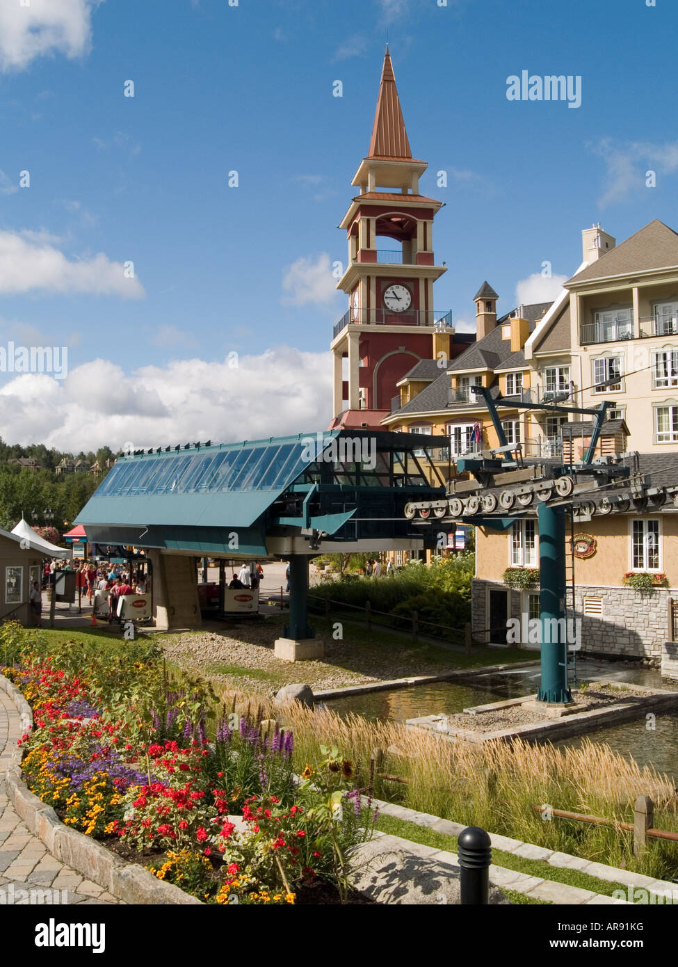 The chairlift station at the top of the village of Mont Tremblant in the Laurentian Mountains, Quebec Canada Stock Photo
