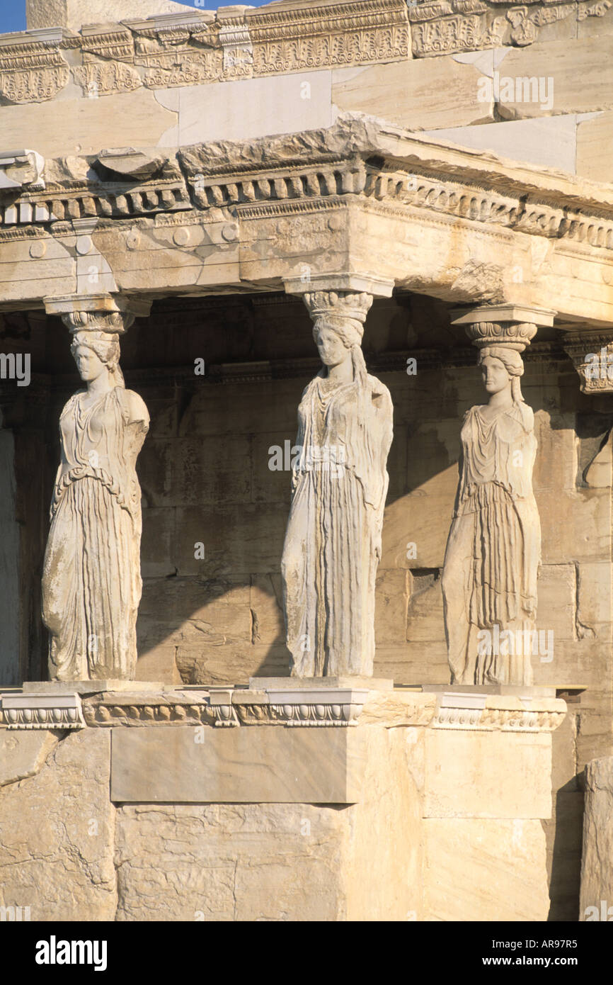 Three women close up statues in Parthenon in Athens Greece Stock Photo