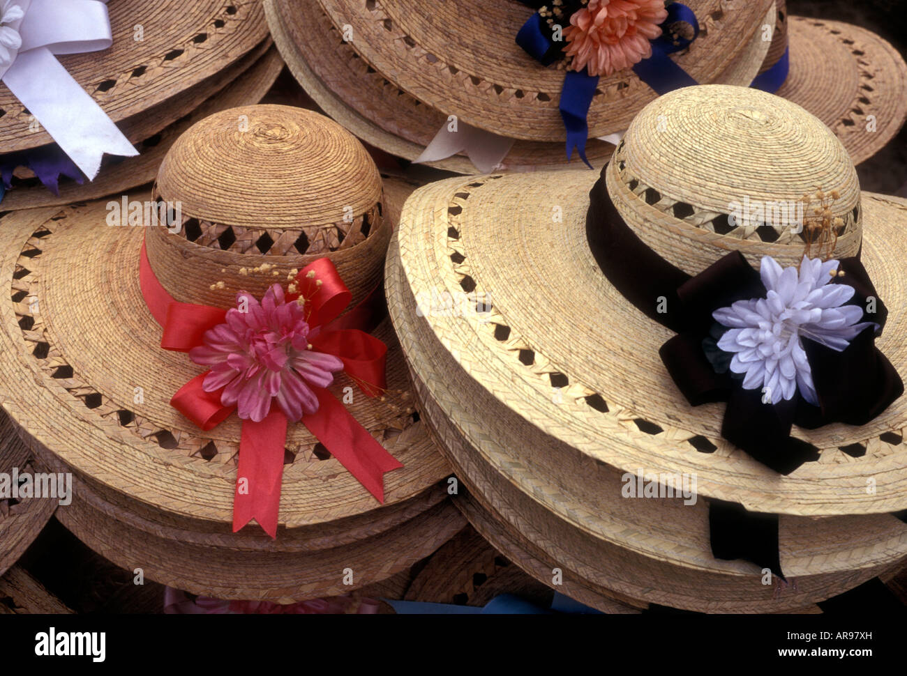 straw hat, straw hats, hat, hats, hats for sale, hats on sale, market, marketplace, mercado, town of Patzcuaro, Patzcuaro, Michoacan State, Mexico Stock Photo