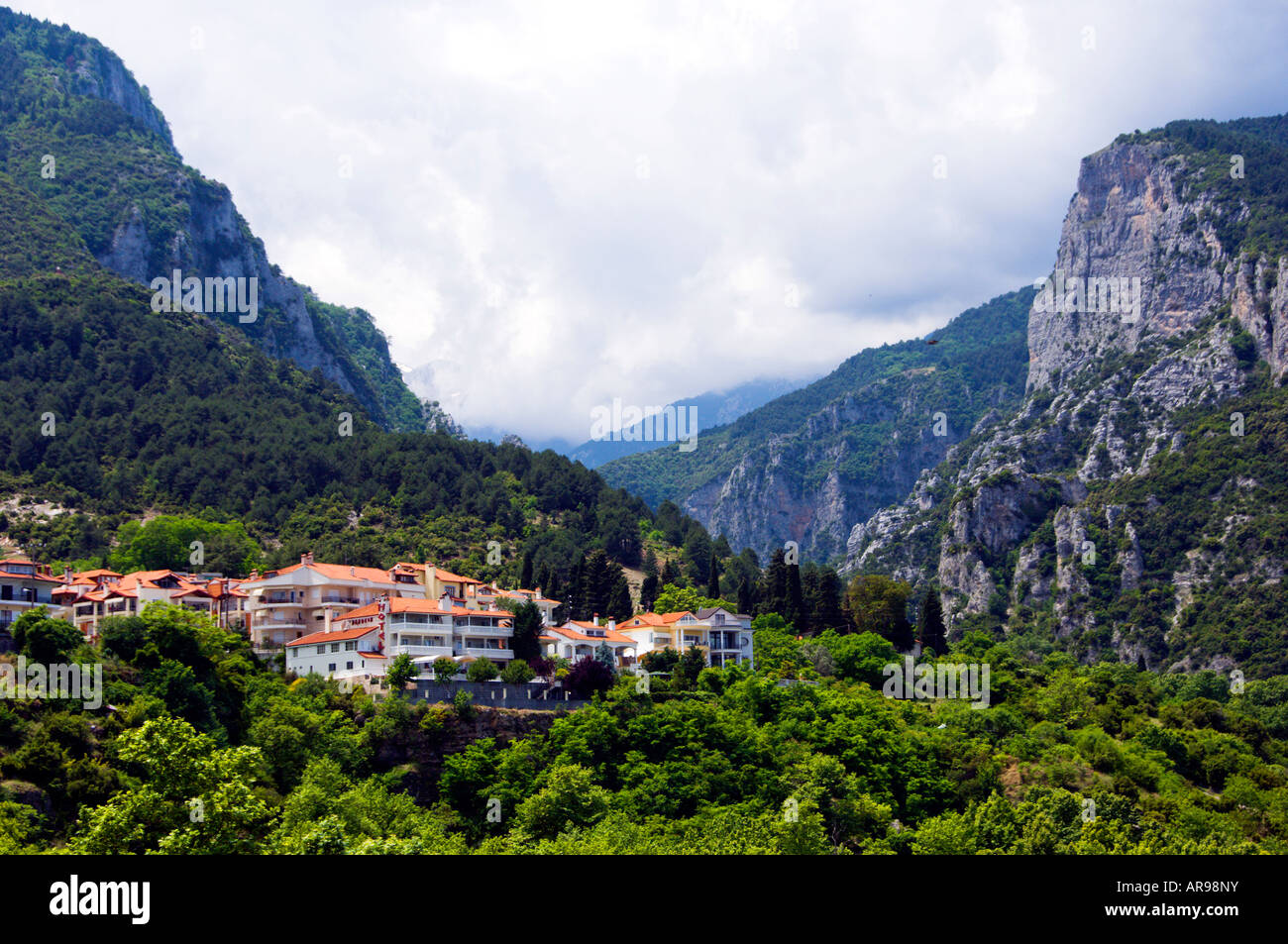 Mount Olympus and the village of Litohoro Greece Stock Photo