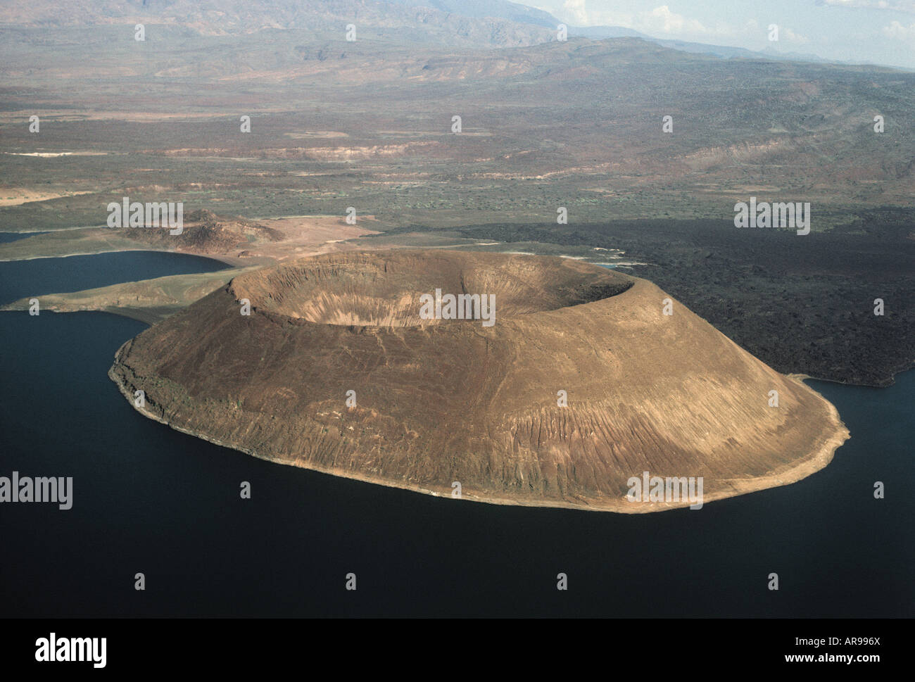 Aerial view of Nabuyatom volcanic cone at the southern end of Lake Turkana northern Kenya East Africa Stock Photo