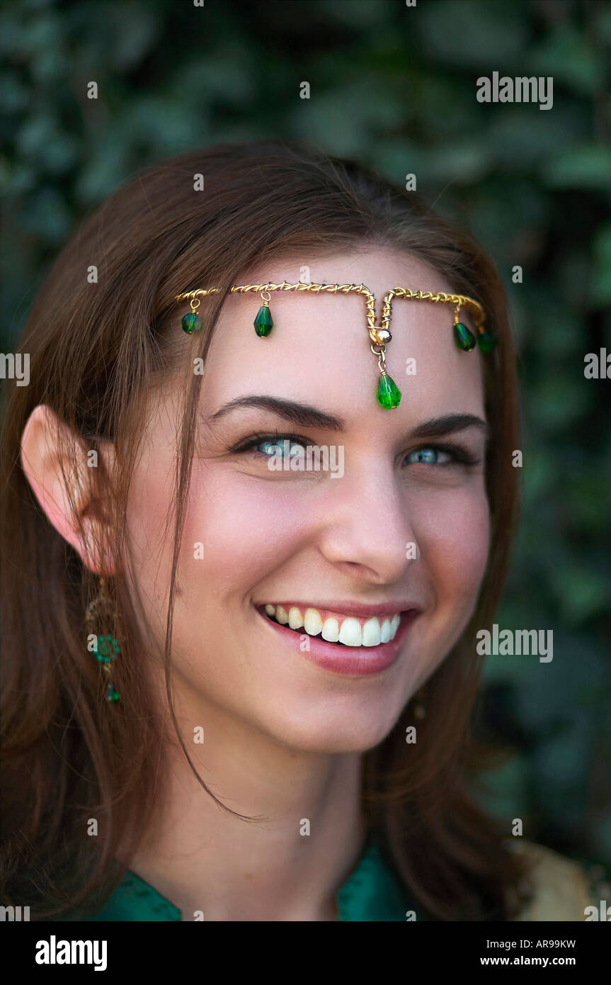 Teenage girl dressed as an elf princess with jeweled crown Stock Photo
