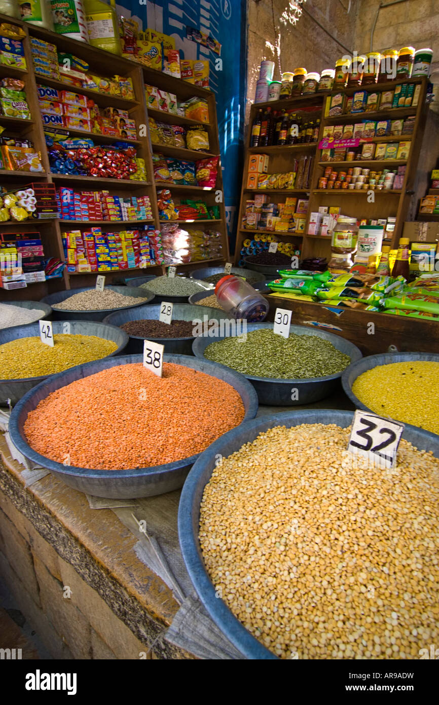 Lentils in a small grocery store Jaisalmer, Rajasthan, India Stock