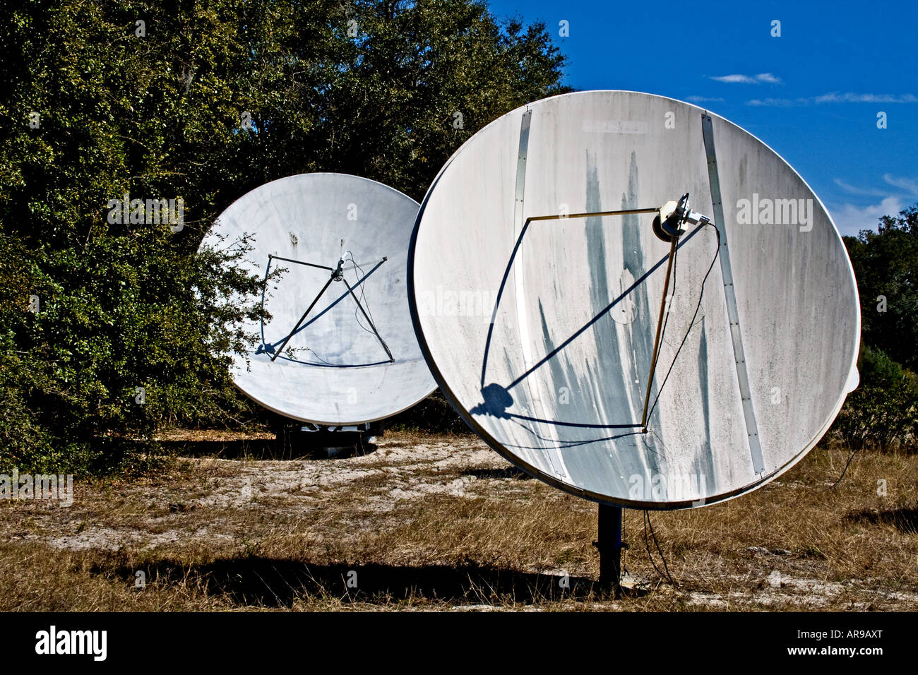 Two satellite dish antennas pointing towards the sky, Jekyll Island