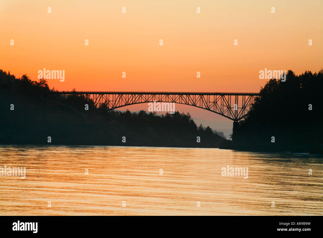 Deception Pass bridge at sunrise, Whidbey Island, Washington State Stock Photo