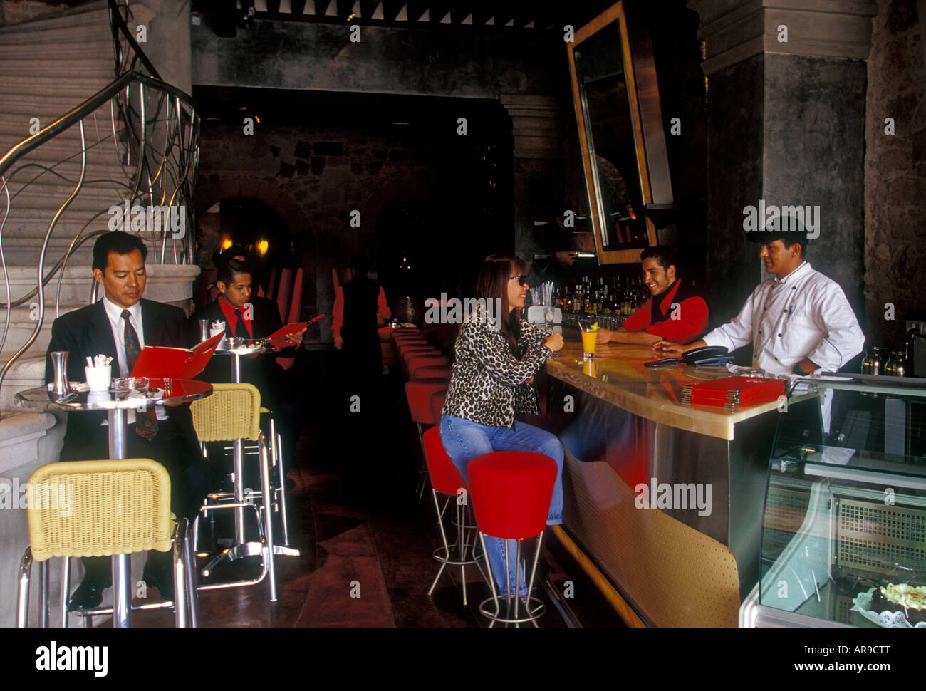 Mexicans, Mexican people, tourists, clients, customers, eating, dining room, Onix Restaurant Bar, Morelia, Michoacan State, Mexico Stock Photo
