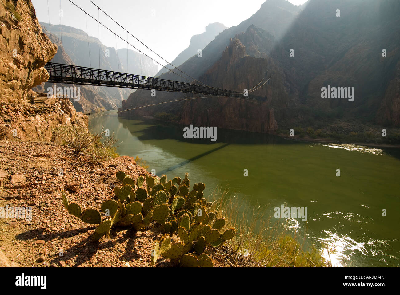 The foot bridge at Phantom Ranch on the Colorado River in the Grand Canyon National Park Arizona Stock Photo