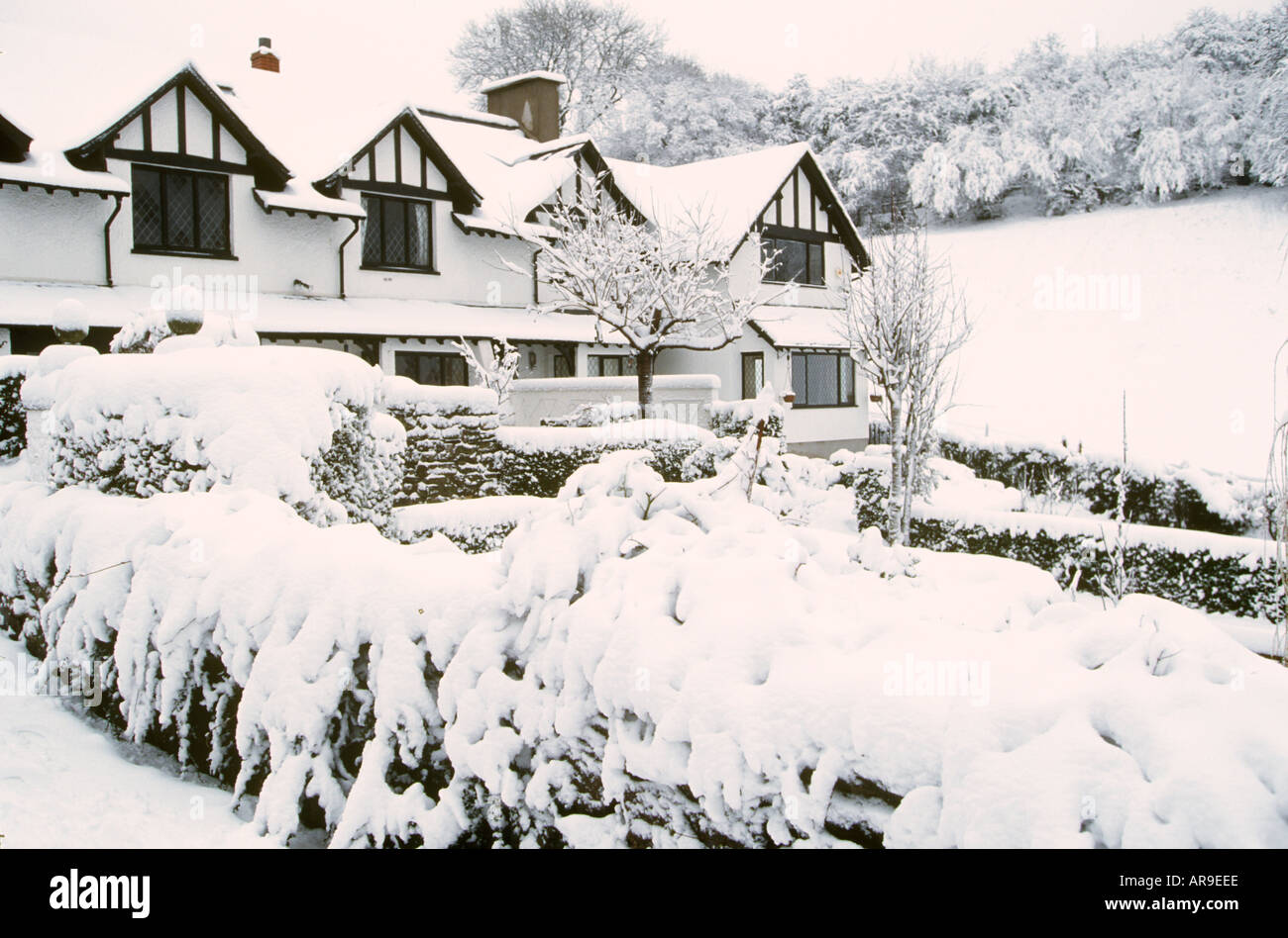 UK Wales Near Cardiff Cottage in snow SB Stock Photo