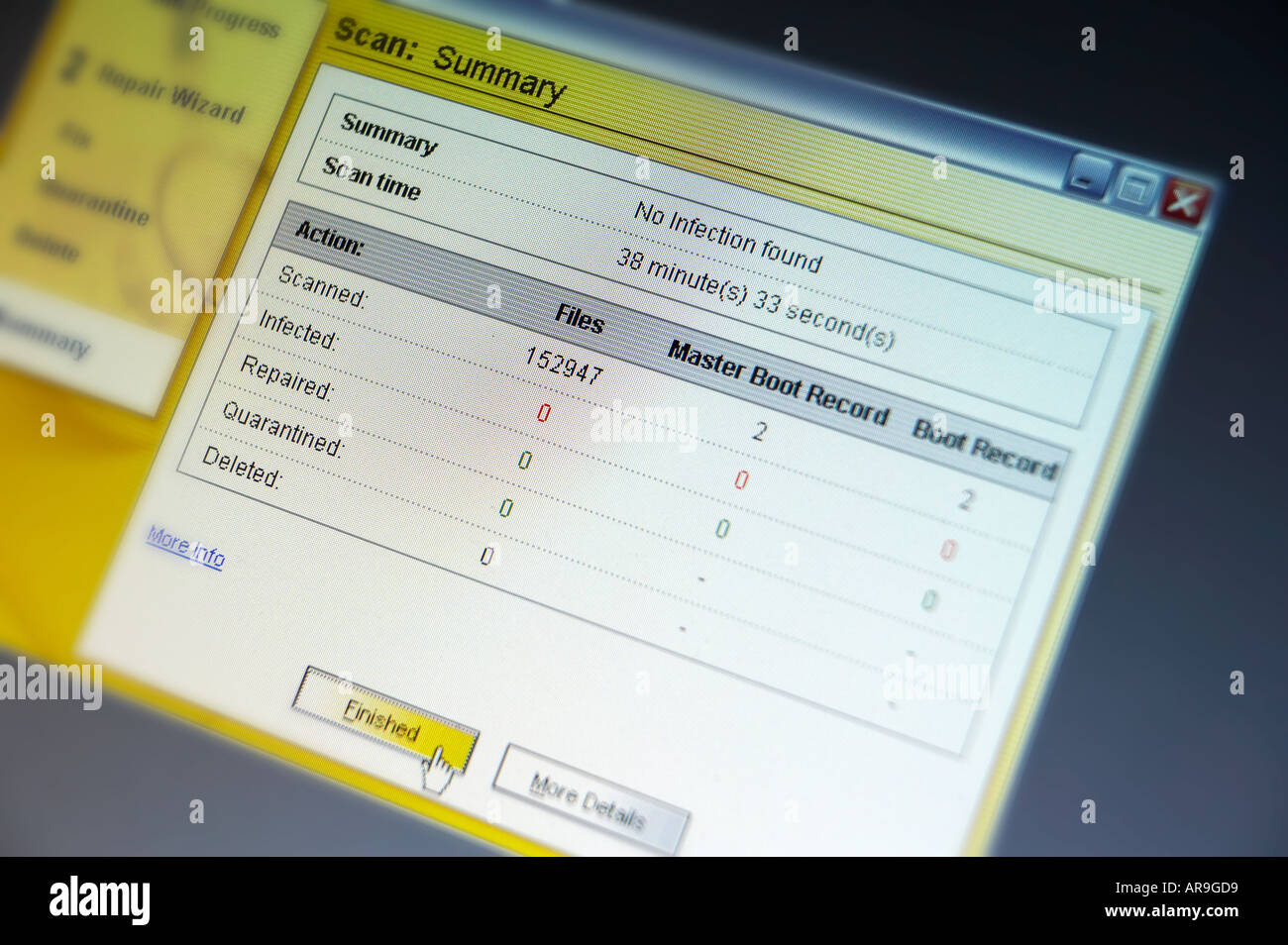 COMPUTER MONITOR SCREEN SHOWING VIRUS SCAN IN PROGRESS Stock Photo