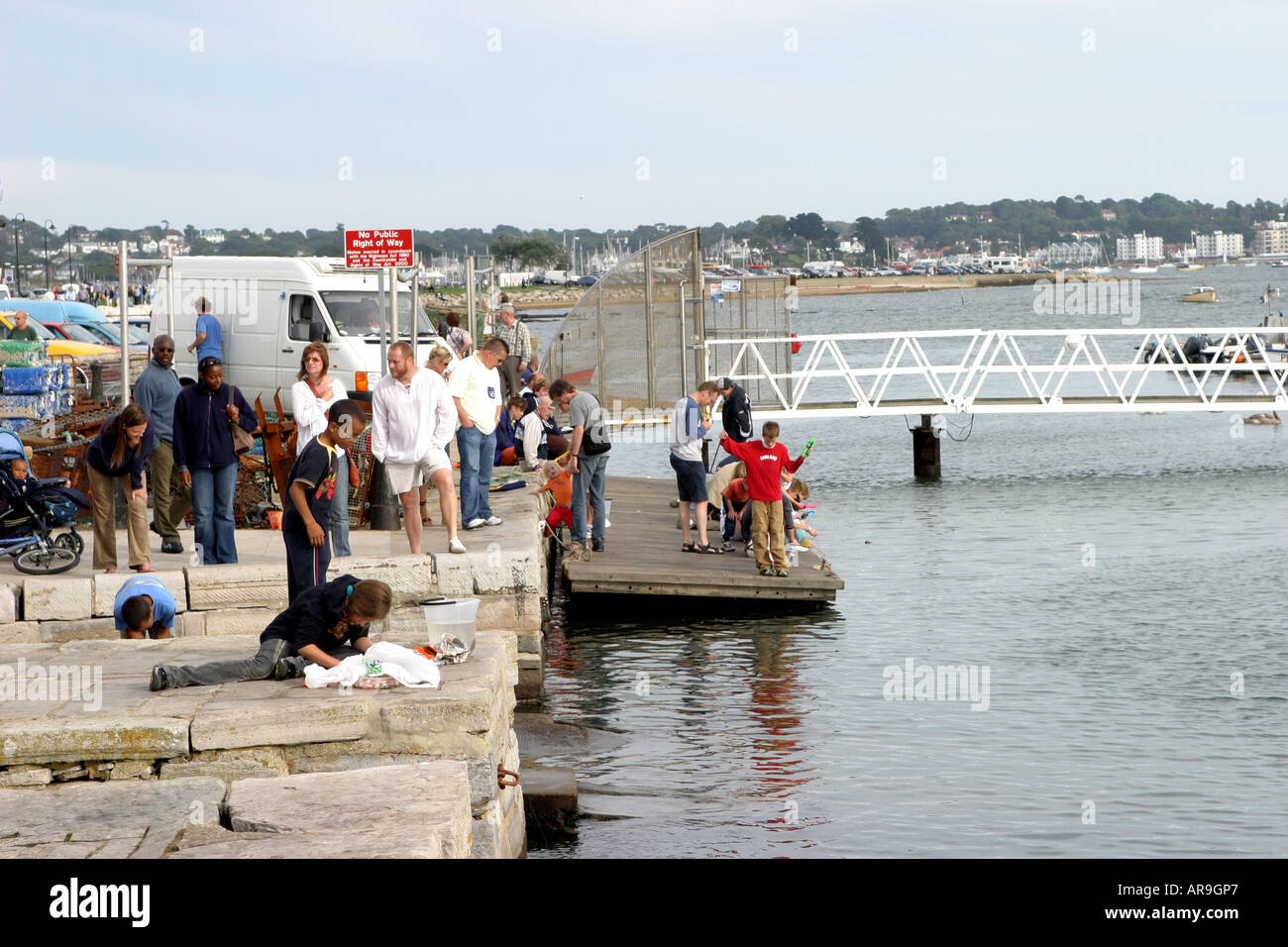 Familys fishing for crabs in Poole Dorset Stock Photo Alamy