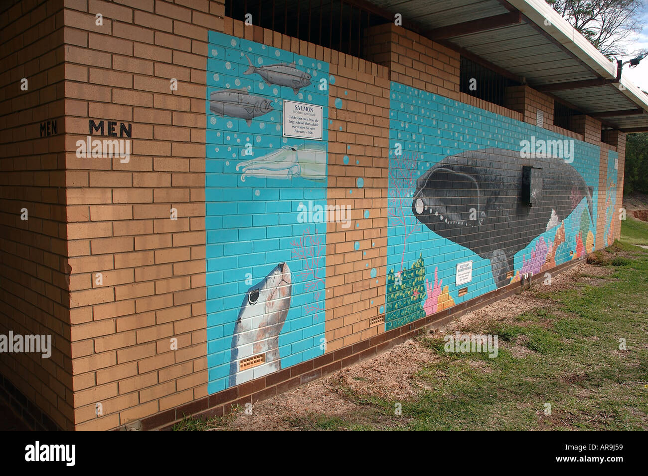 Marine animal mural, including a whale, on the side of public toilet block, Bremer Bay, Western Australia. No PR Stock Photo