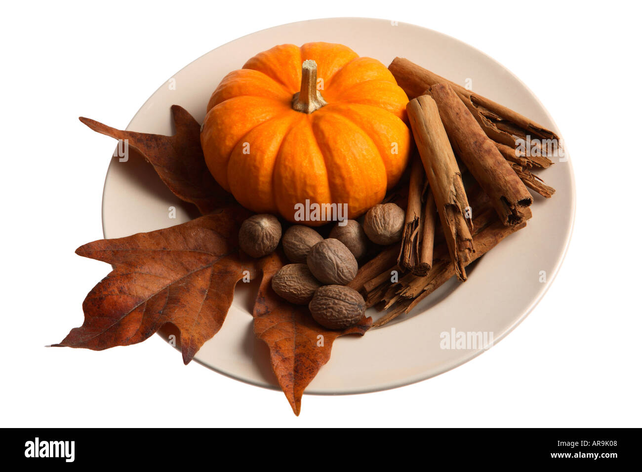Fall still life with mini pumpkin, nutmeg & cinnamon spices and maple leaf Stock Photo