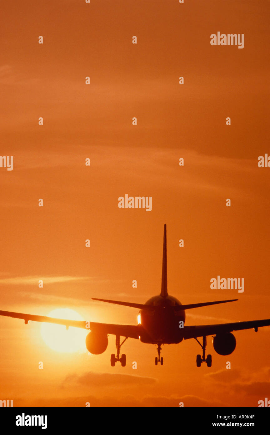 Airbus A320 jet airliner flying landing in an golden orange sky at sunset Stock Photo