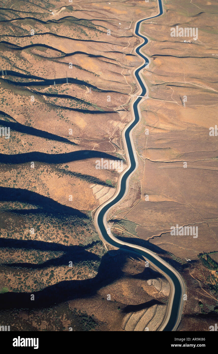 aerial view of Antelope Valley edge of mountains desert plateau southern California irrigation channel canal Stock Photo