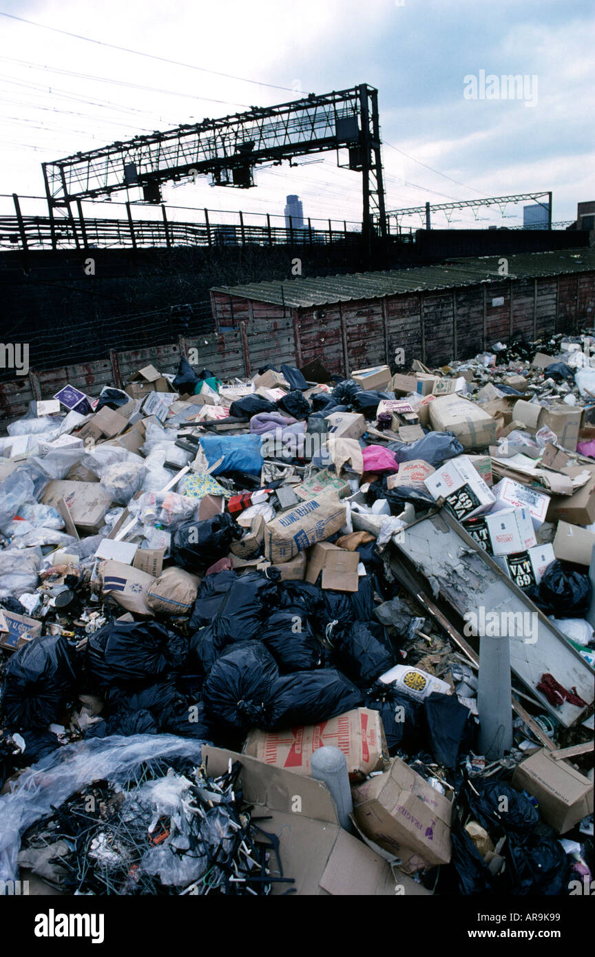 Winter of Discontent. Rubbish piled up streets  east end of London as refuse collectors were on strike along with Public sector employees. 1979 Stock Photo