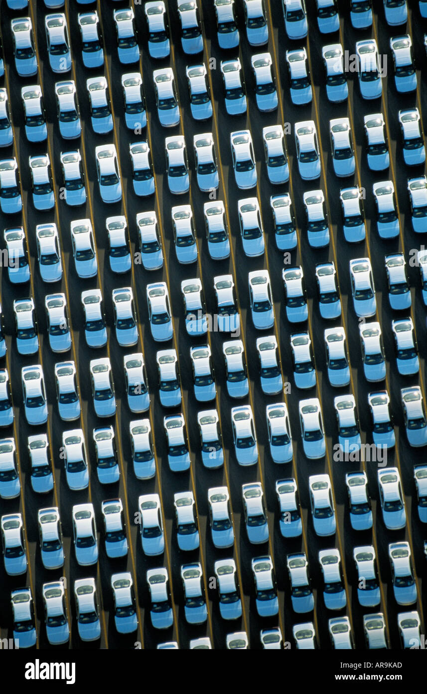 aerial view of white saloon cars parked precisely in neat uniform arranged rows with blue bonnets trunks Stock Photo
