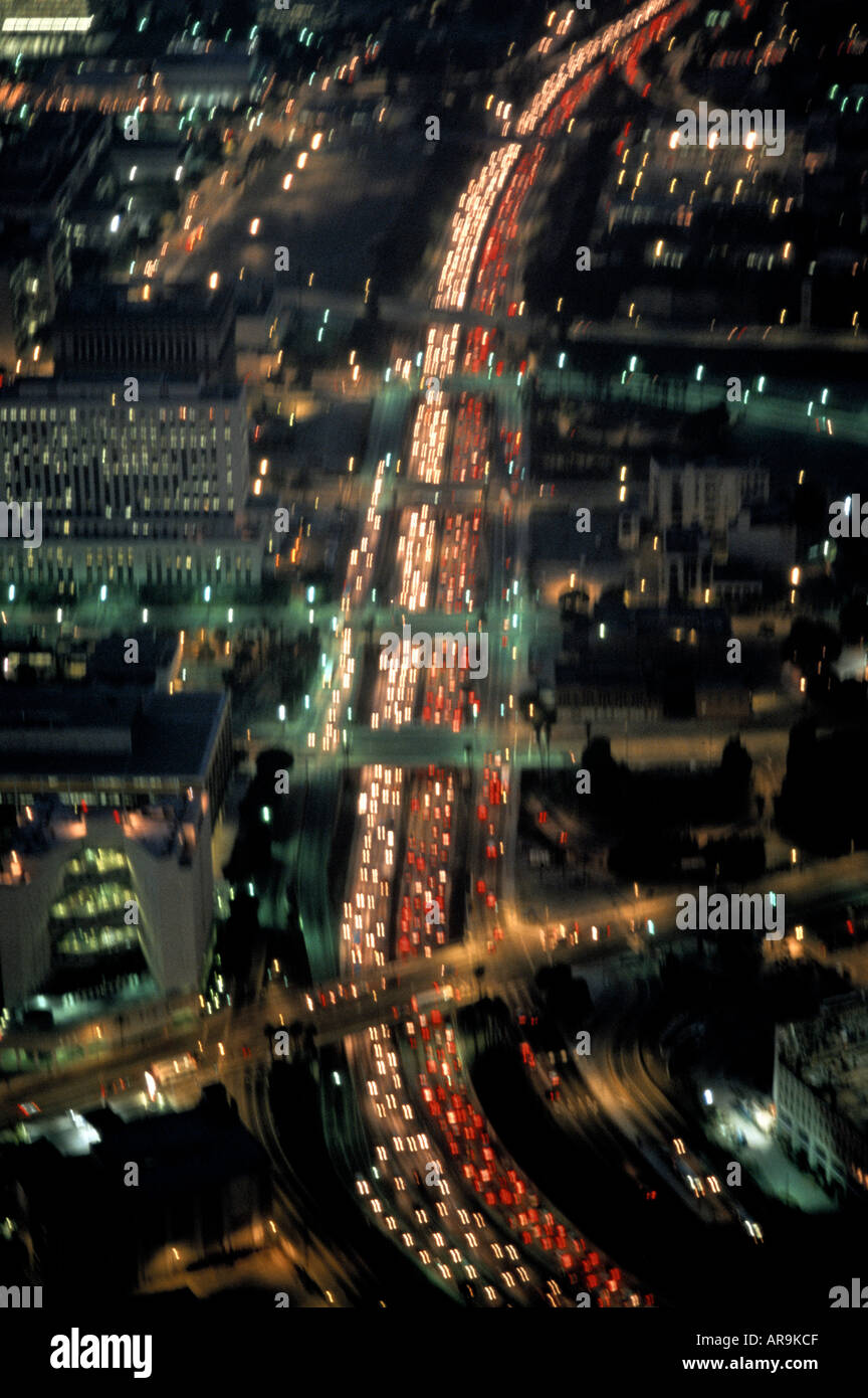 aerial view of a freeway in downtown Los Angeles at night cars traffic congestion Stock Photo