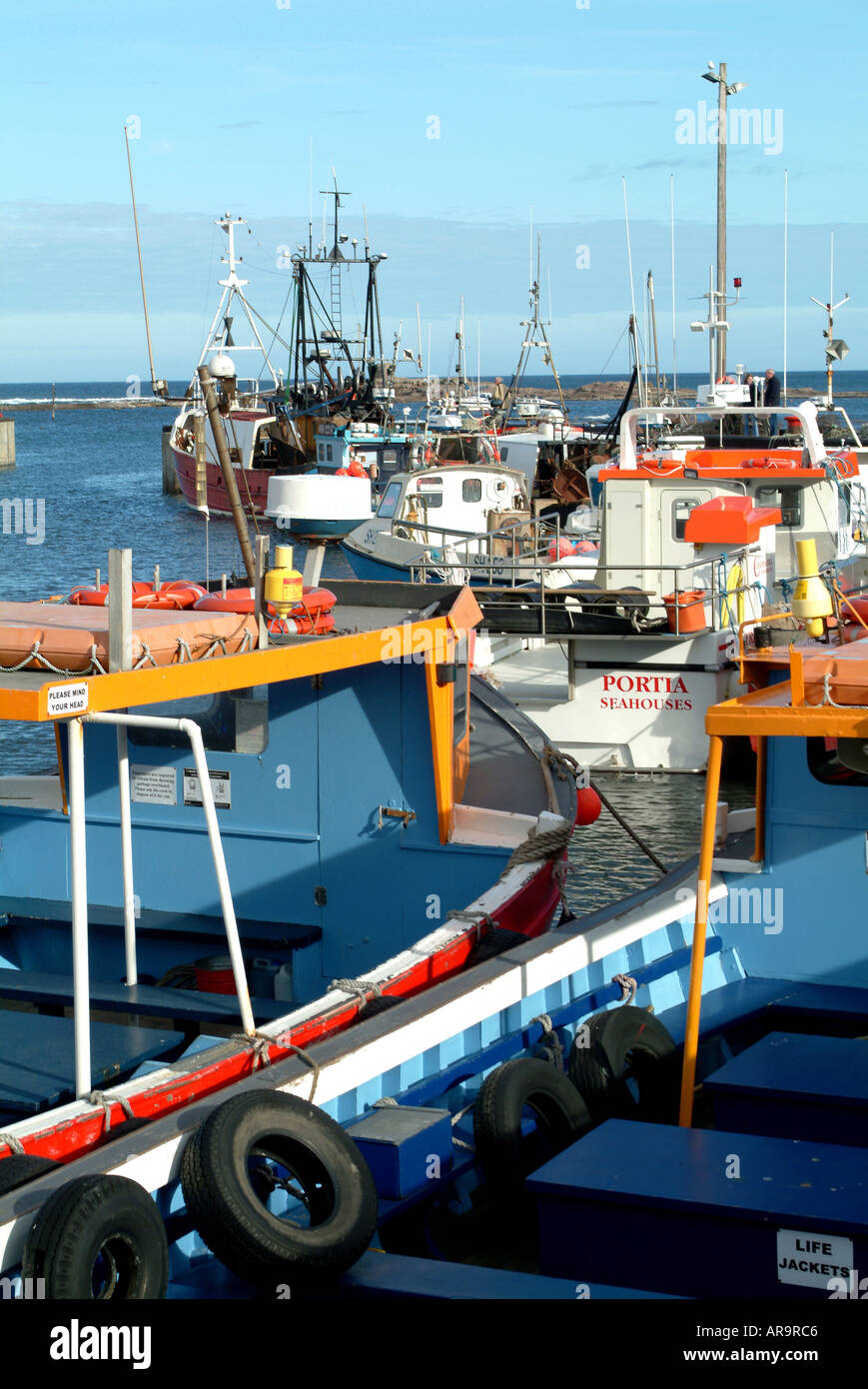 Fishing Boats and Leisure Craft at Seahouses Harbour Northumberland England United Kingdom UK Stock Photo