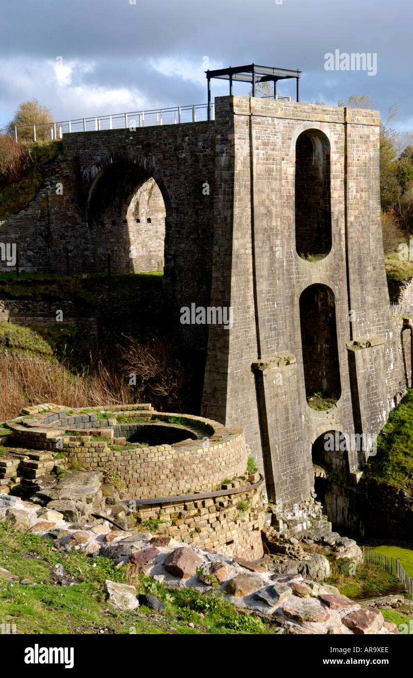 Water Balance Tower constructed in 1839 viewed over a Blast Furnace at Blaenafon Ironworks Gwent South Wales UK Stock Photo