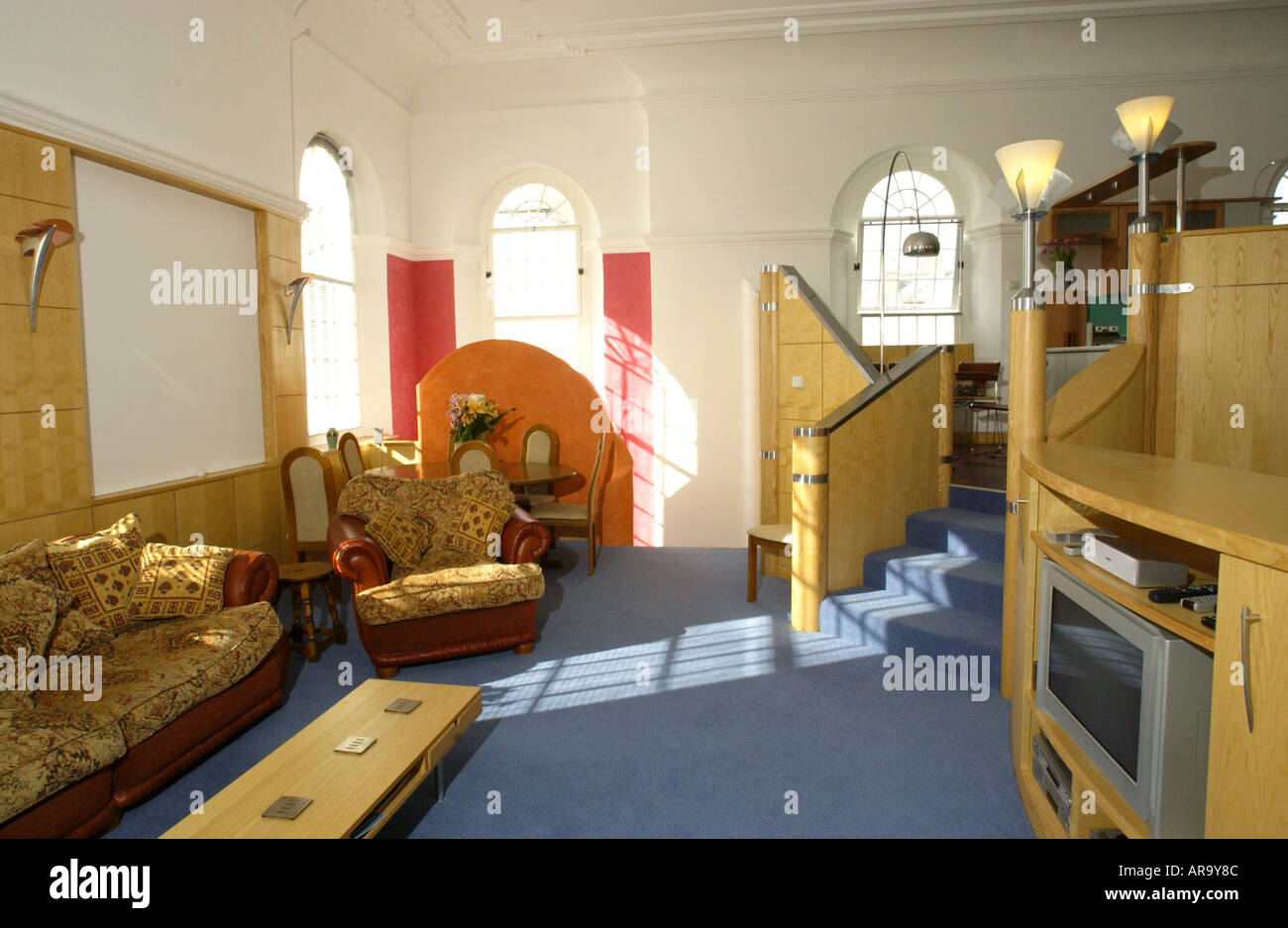 Interior of former Glendower Street Chapel dated 1844 converted to a family home in 2002 Monmouth Monmouthshire South Wales UK Stock Photo
