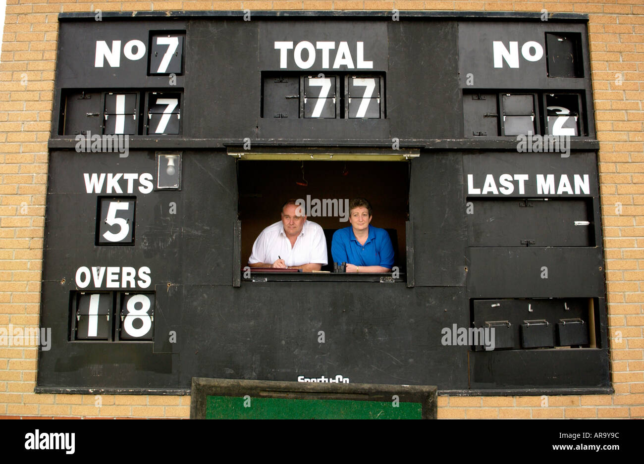 Scorers at Keynsham Cricket Club near Bristol England UK Stock Photo