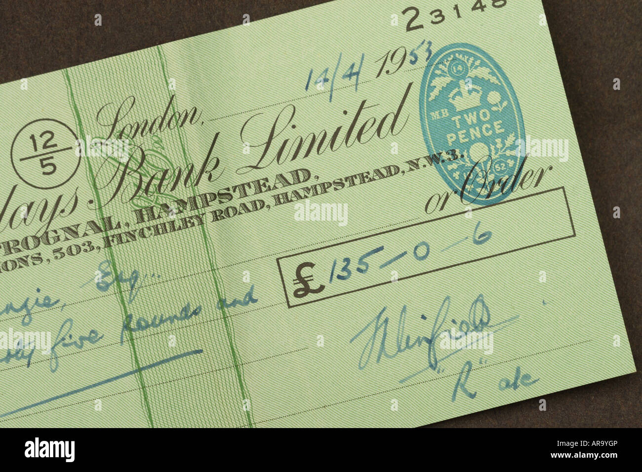 British bank cheque from the 12s showing pounds shilling and