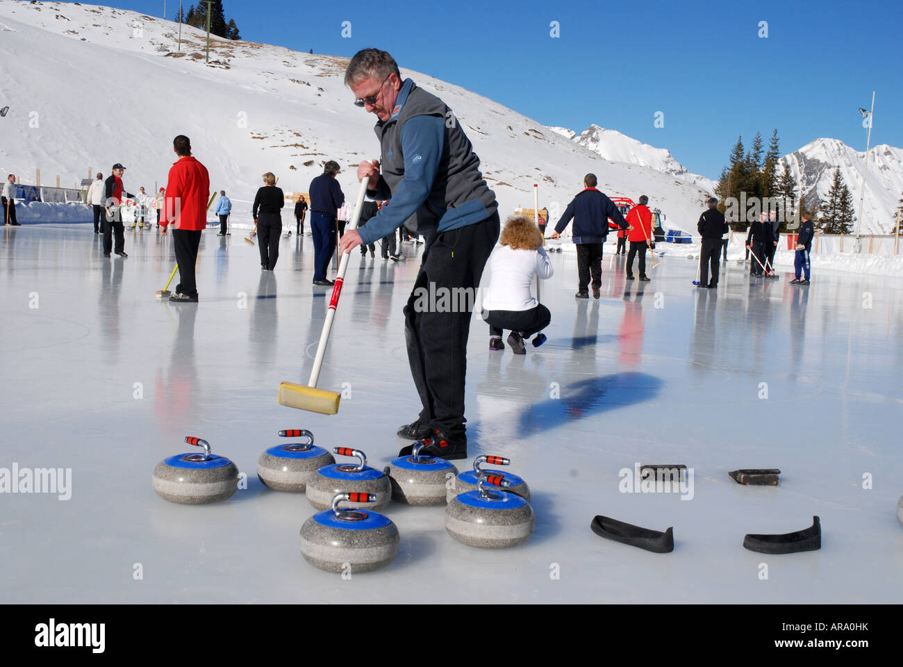 7th Openair Curling Tournament at Elsigenalp Frutigen Bernese Oberland alps Switzerland Stock Photo