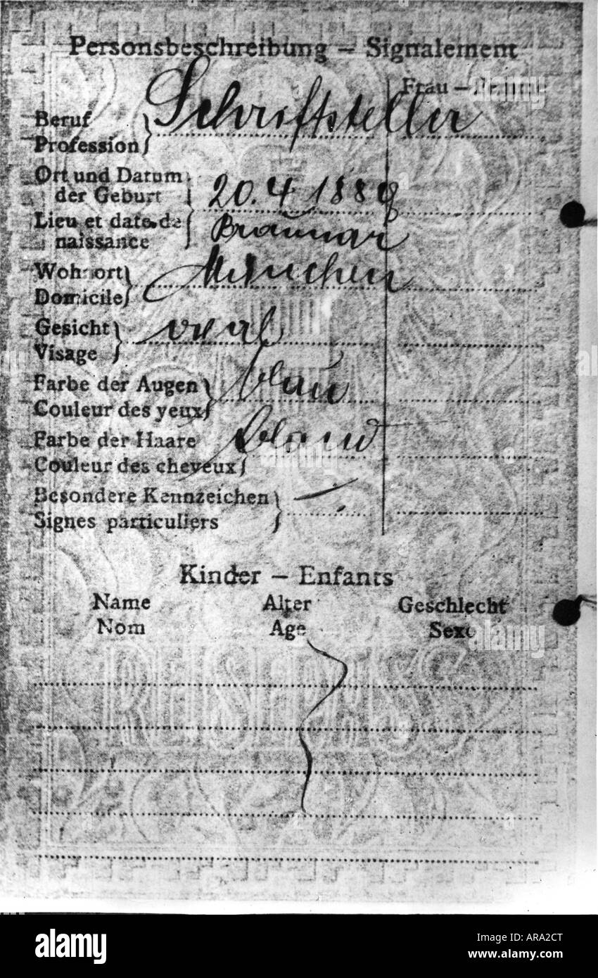 Hitler, Adolf, 20.4.1889 - 30.4.1945, German politician (NSDAP), passport, issued by the Austrian consulat general in Munich, , Stock Photo